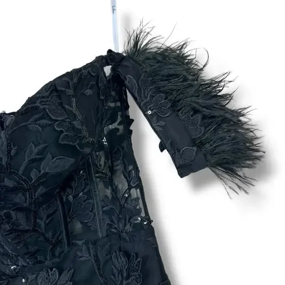 NEW Lulus Midnight Sparkle Black Embroidered Feather Bustier Maxi Dress XS - Picture 9 of 13